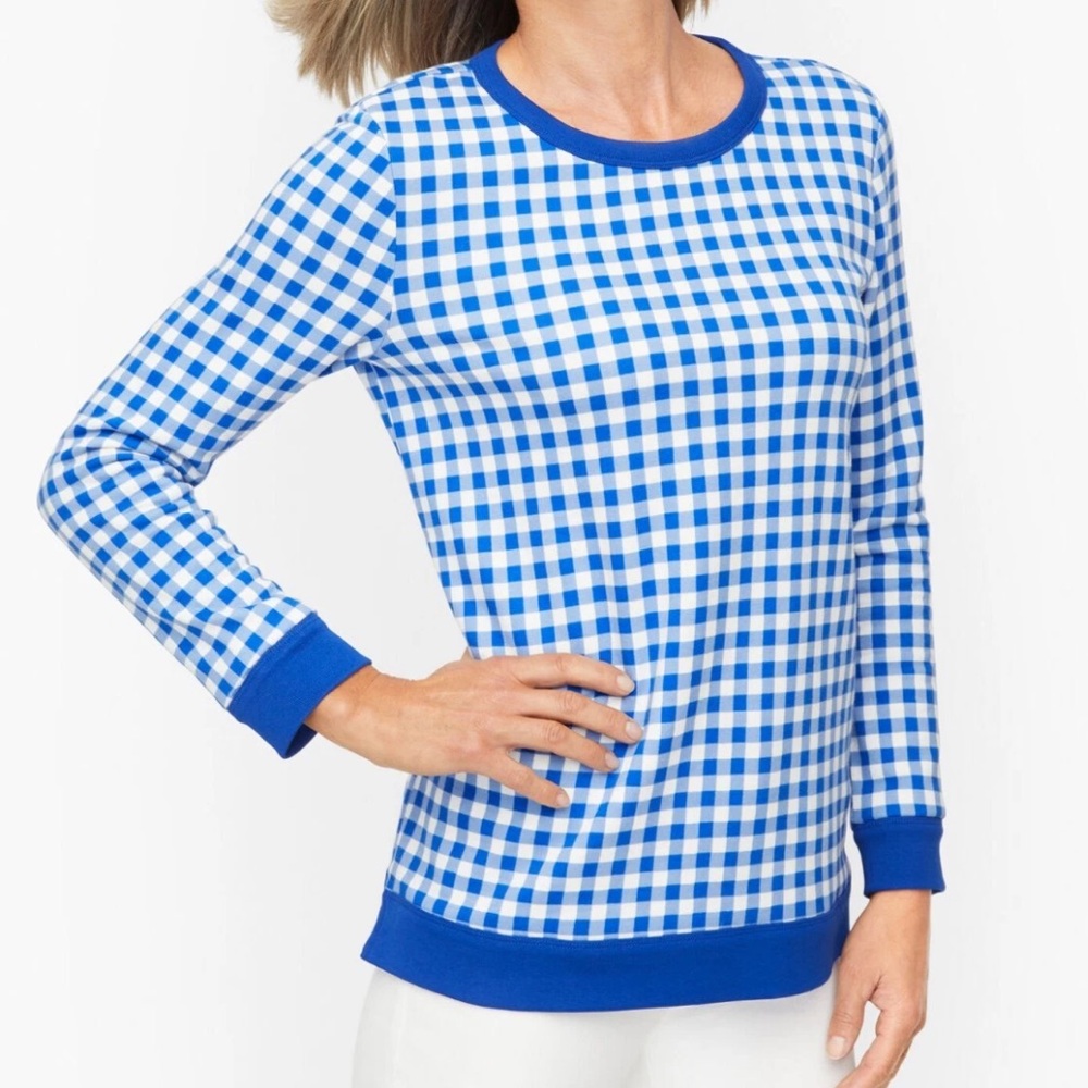 Talbots Port Blue Gingham Plaid Crewneck Pullover Sweatshirt